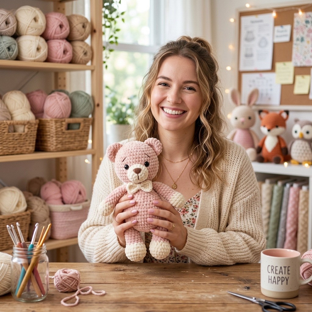 Mulher sorridente segurando um ursinho de amigurumi